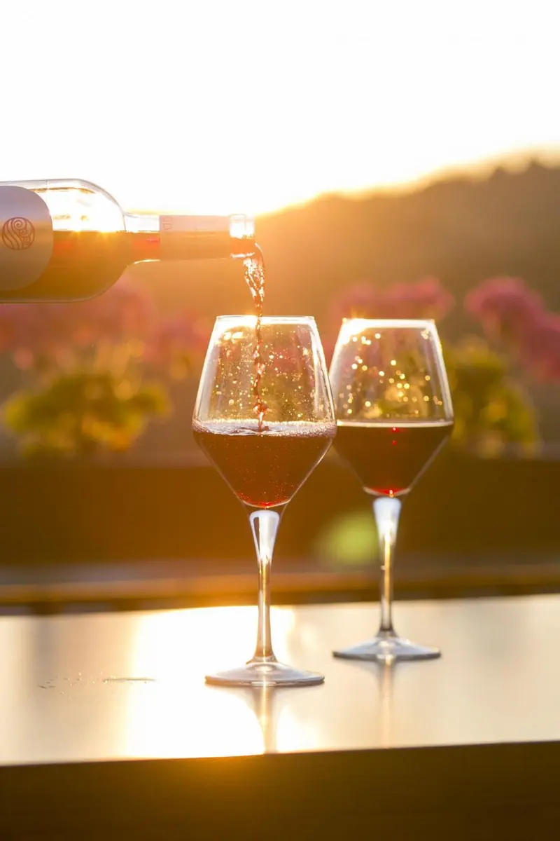Rotwein wird in zwei Gläser eingeschenkt, im Hintergrund warmes Licht